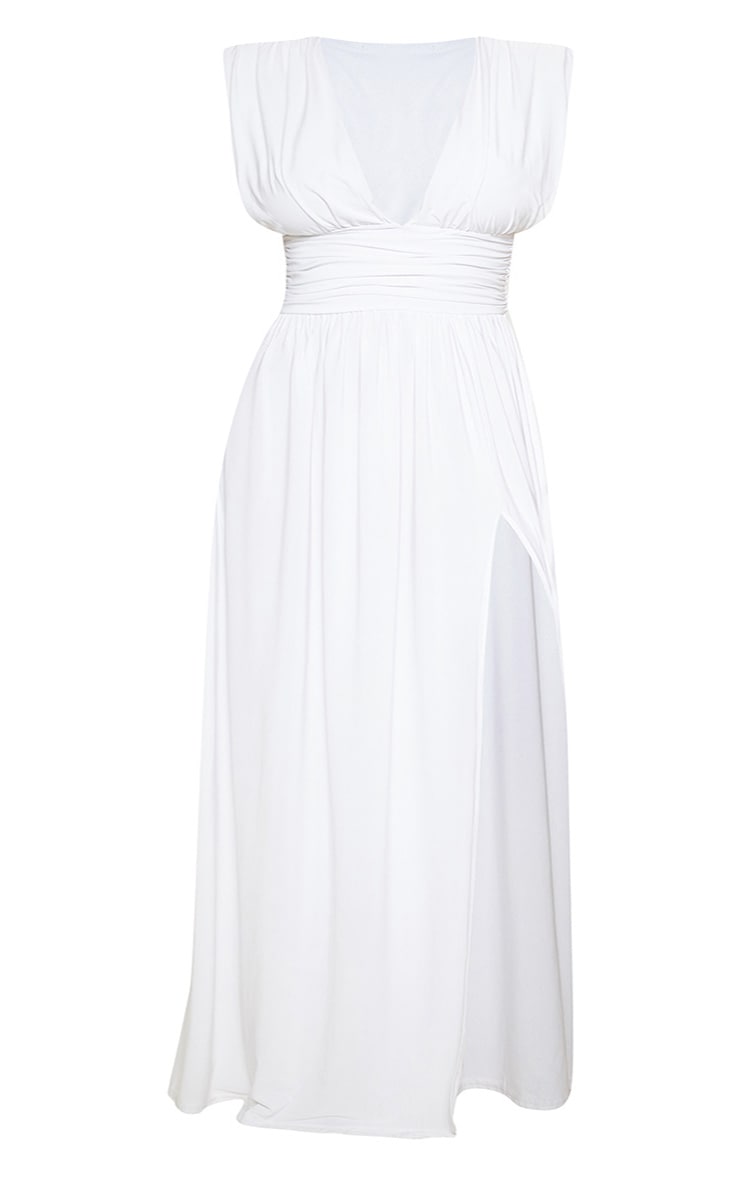 Plus White Ruched Plunge Maxi Dress | PrettyLittleThing