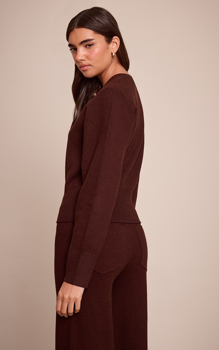 Chocolate Compact Knit Placket Detail Cardigan image 2