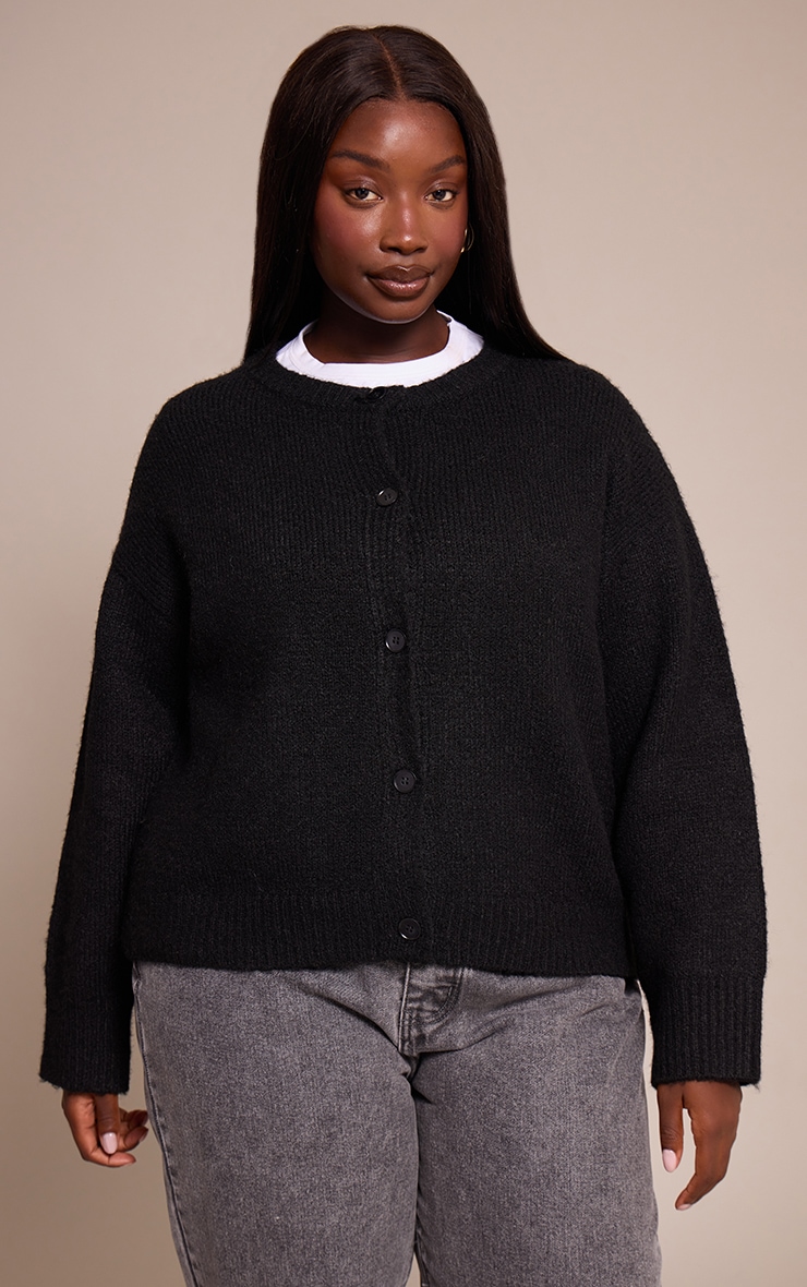 Plus Black Brushed Oversized Detail Round Neck Cardigan image 1