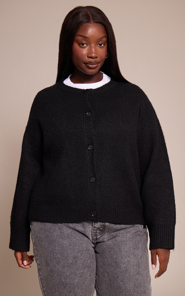 Plus Black Brushed Oversized Detail Round Neck Cardigan