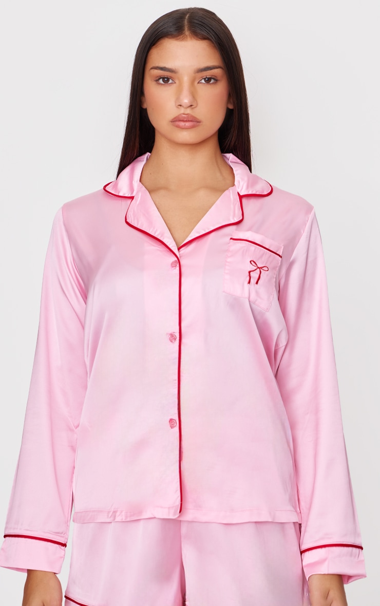 Pink Satin Embroidered Bow Short Pj Set image 4