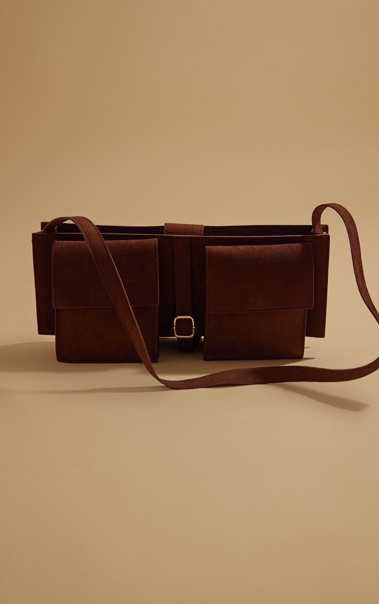 Chocolate Faux Suede Cargo Pocket Shoulder Bag image 3