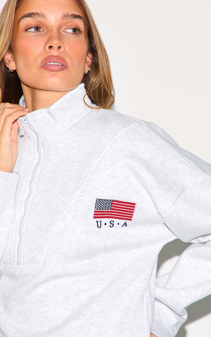 Sweat oversize gris cendré à slogan "USA" et quart de zip image 4