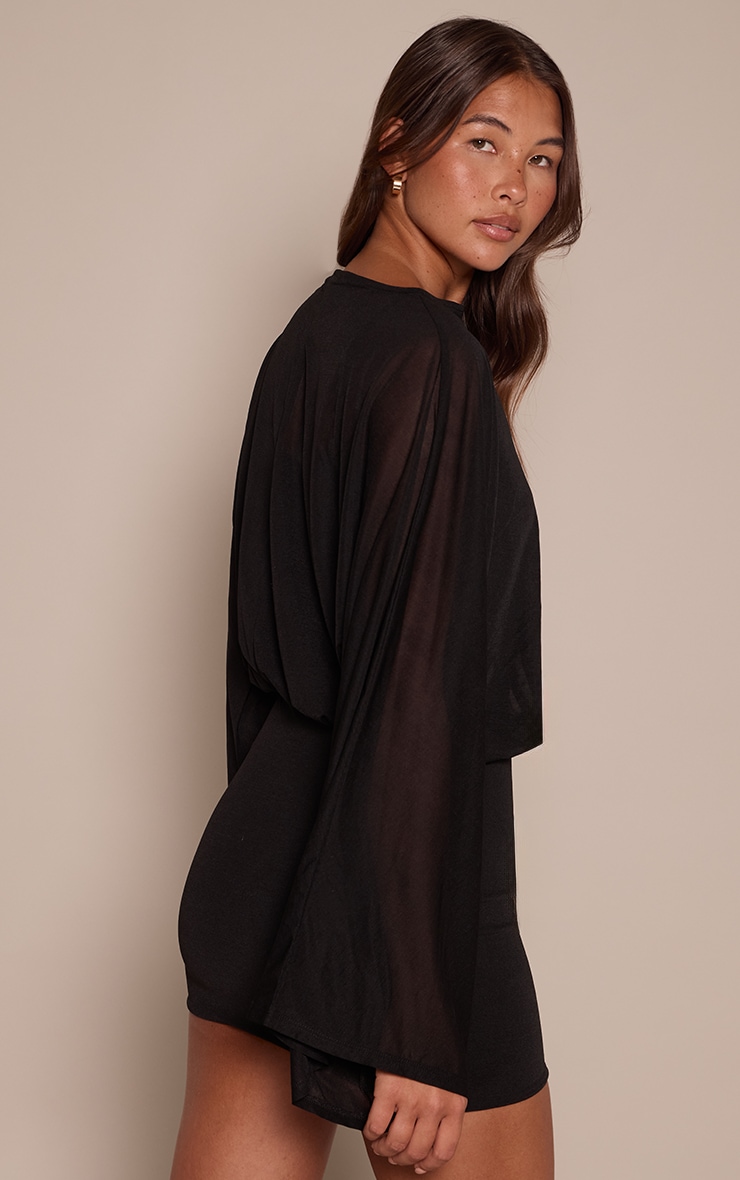 Black Chiffon Overlay Long Sleeve Mini Dress image 2