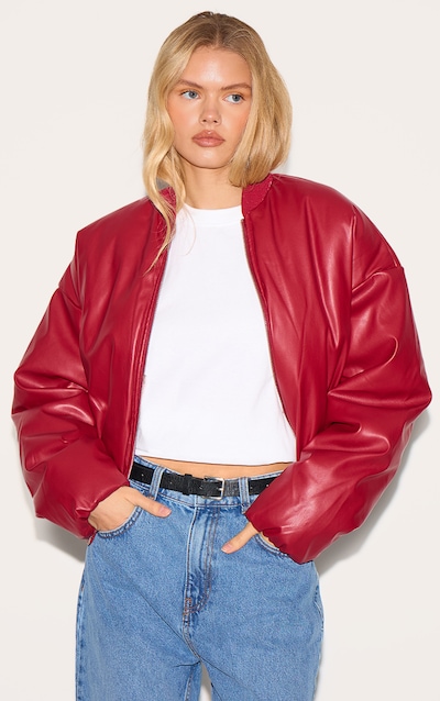 Cherry Red Faux Leather Oversized Bomber Jacket