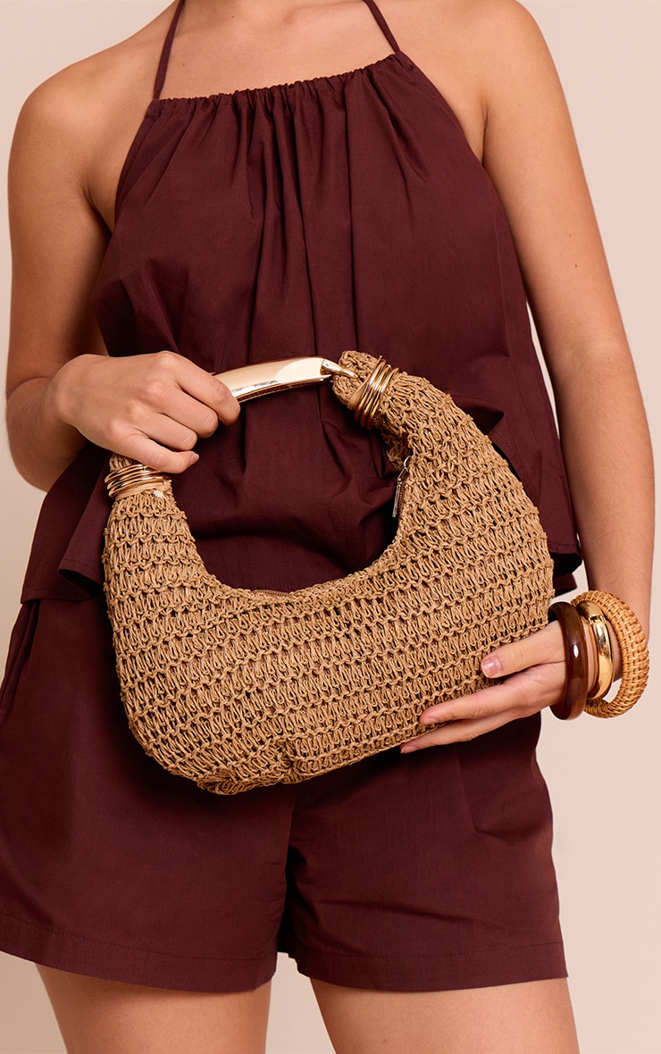 Gold Metal Handle Raffia Hand Bag image 1
