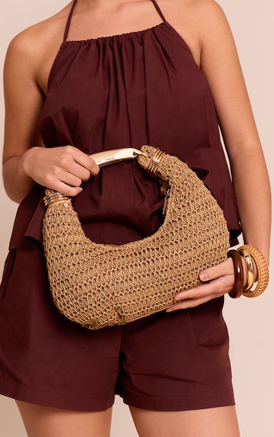 Gold Metal Handle Raffia Hand Bag