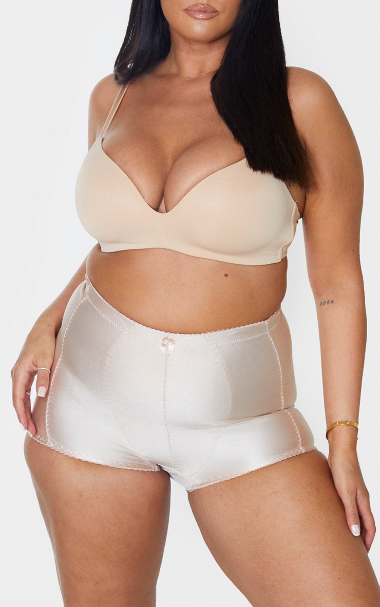 Plus Nude Satin Panelled High Waist Bow Detail Control Briefs