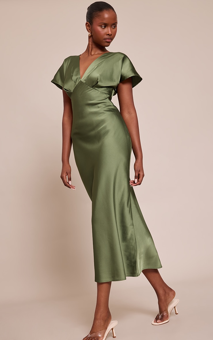 Forest Green Satin Short Sleeve Midaxi Dress image 3