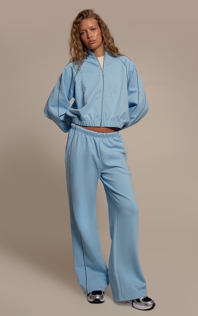 Blue Interlock Contrast Piping Wide Leg Track Pants