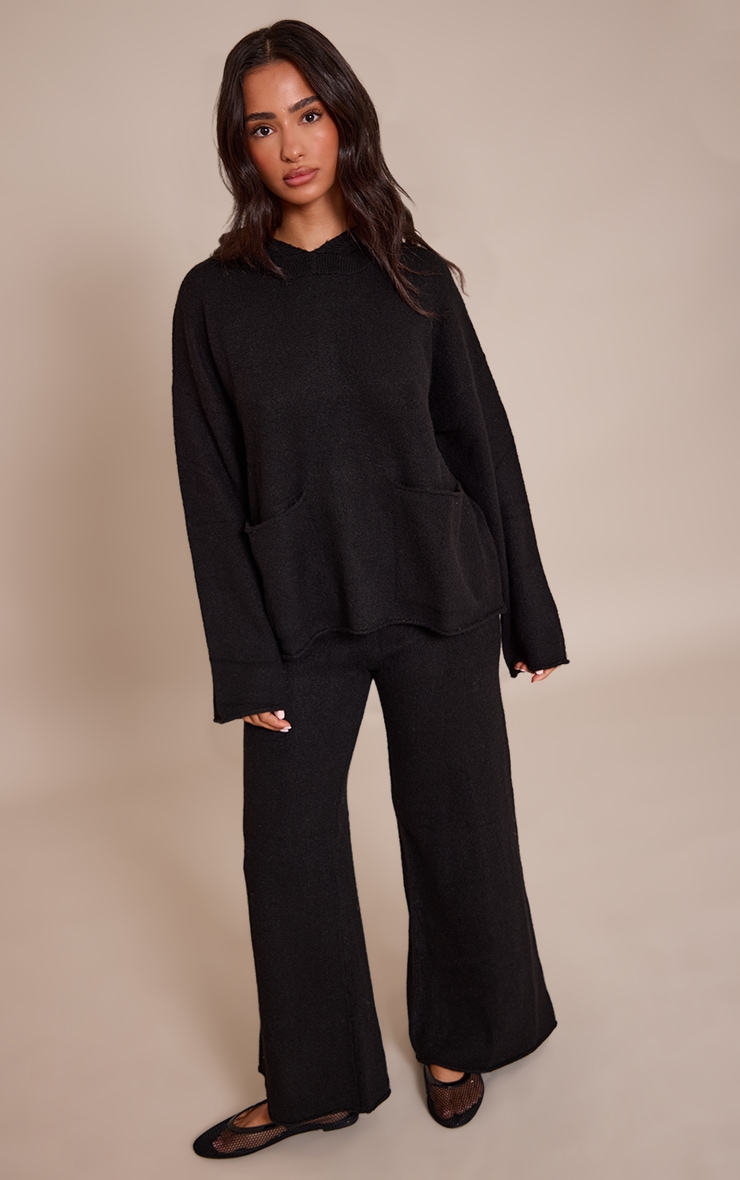 Petite Black Luxe Knit Pocket Hooded Jumper image 3