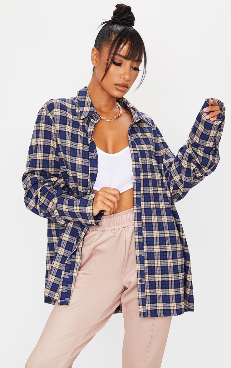 Dark Blue Checked Oversized Shirt