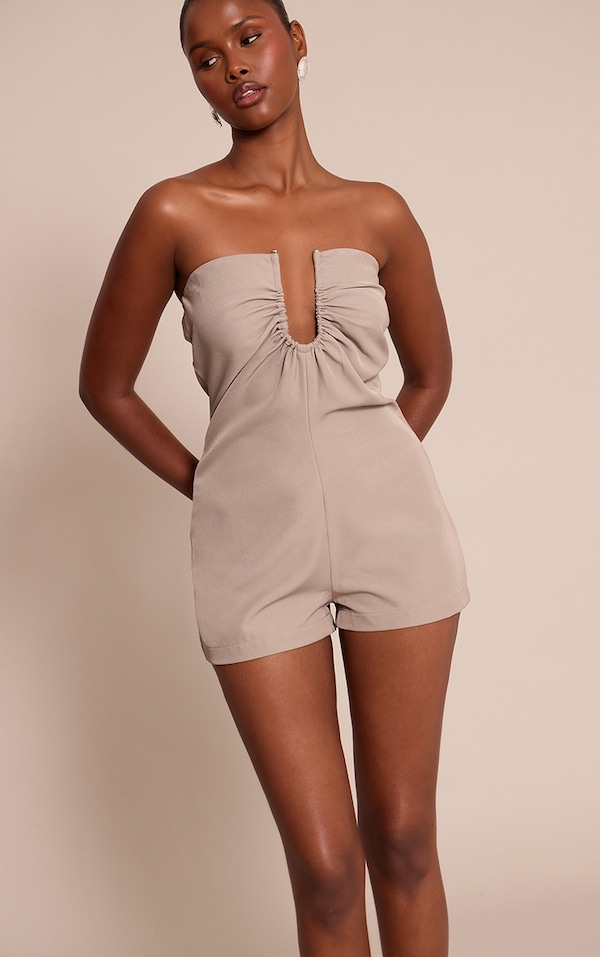 Mushroom Woven Bandeau Tailored Romper