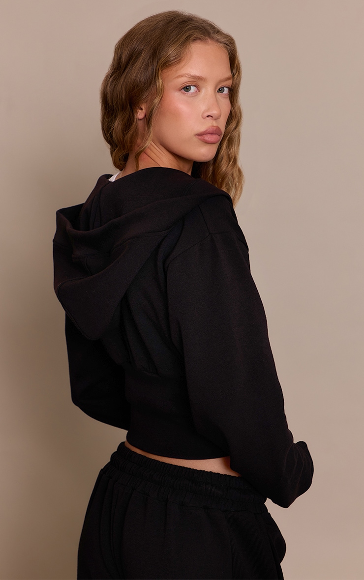 Black Embroidered Interlock Cinch Waist Zip Hoodie image 2
