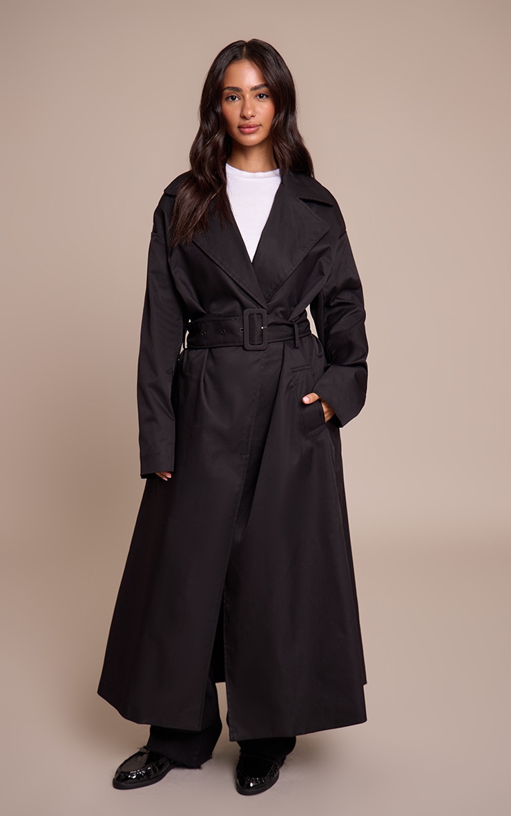 Petite Black Tie Waist Trench Coat image 1