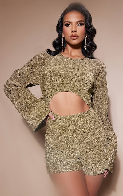 Gold Glitter Plisse Flare Sleeve Cut Out Romper