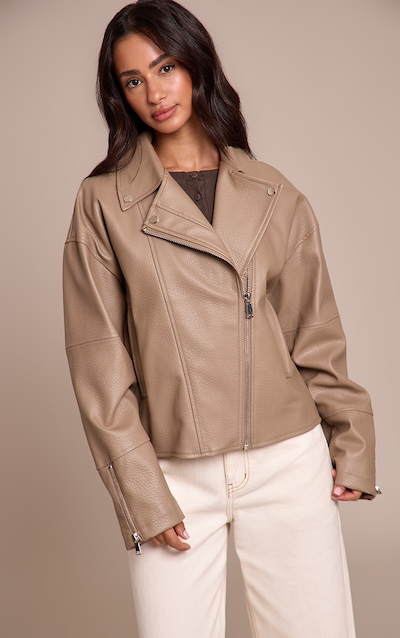 Petite Taupe PU Oversized Biker Jacket