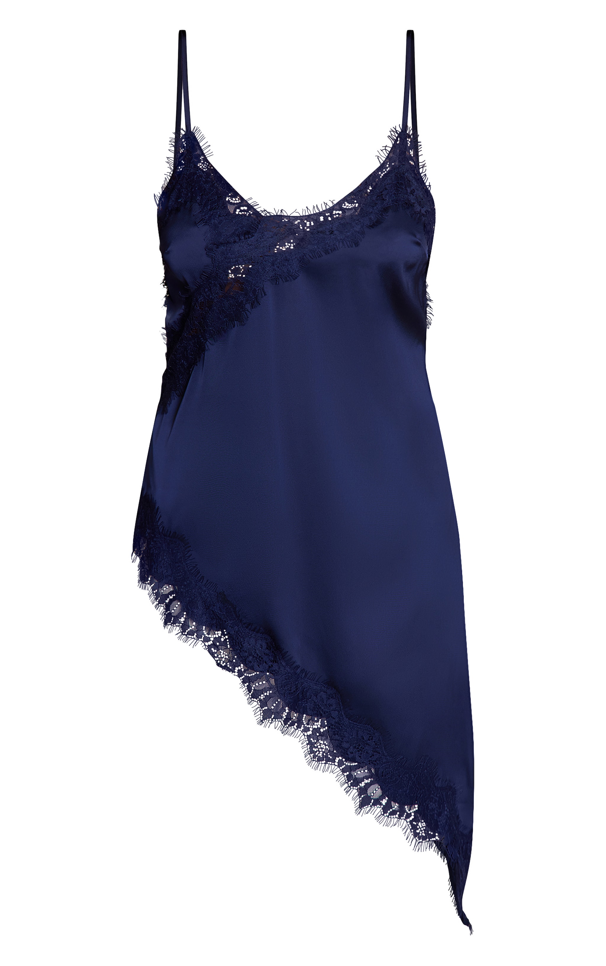 Dark Navy Satin Lace Detail Asymmetric Long Top image 5