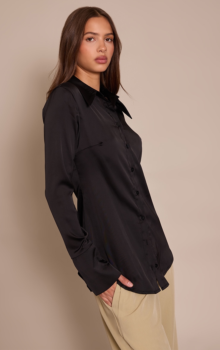 Black Satin Oversized Collar Button Down Fitted Shirt image 4