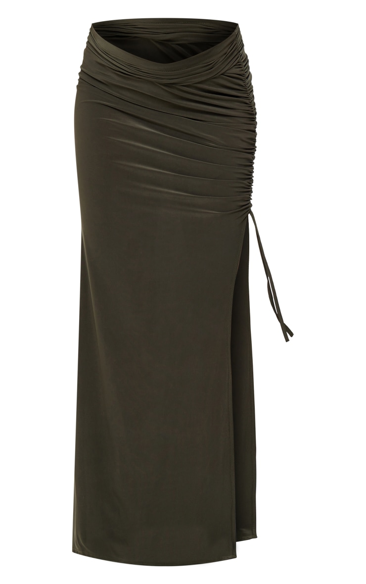 Maternity Dark Khaki Slinky Ruched Detail Maxi Skirt image 5