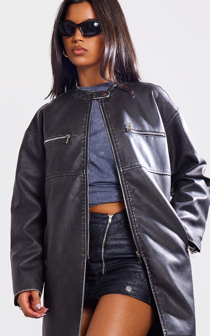 Black Distressed Pu Biker Trench Coat image 4