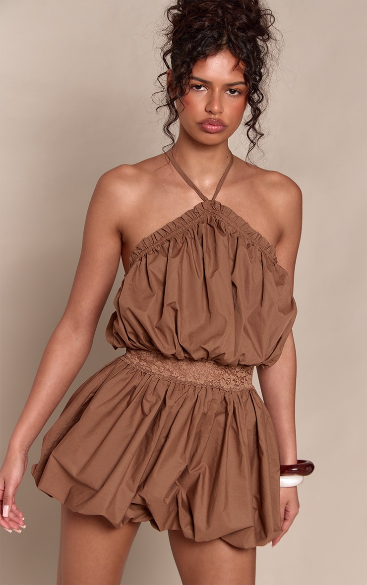Chocolate Lace Panel Halterneck Puffball Dress