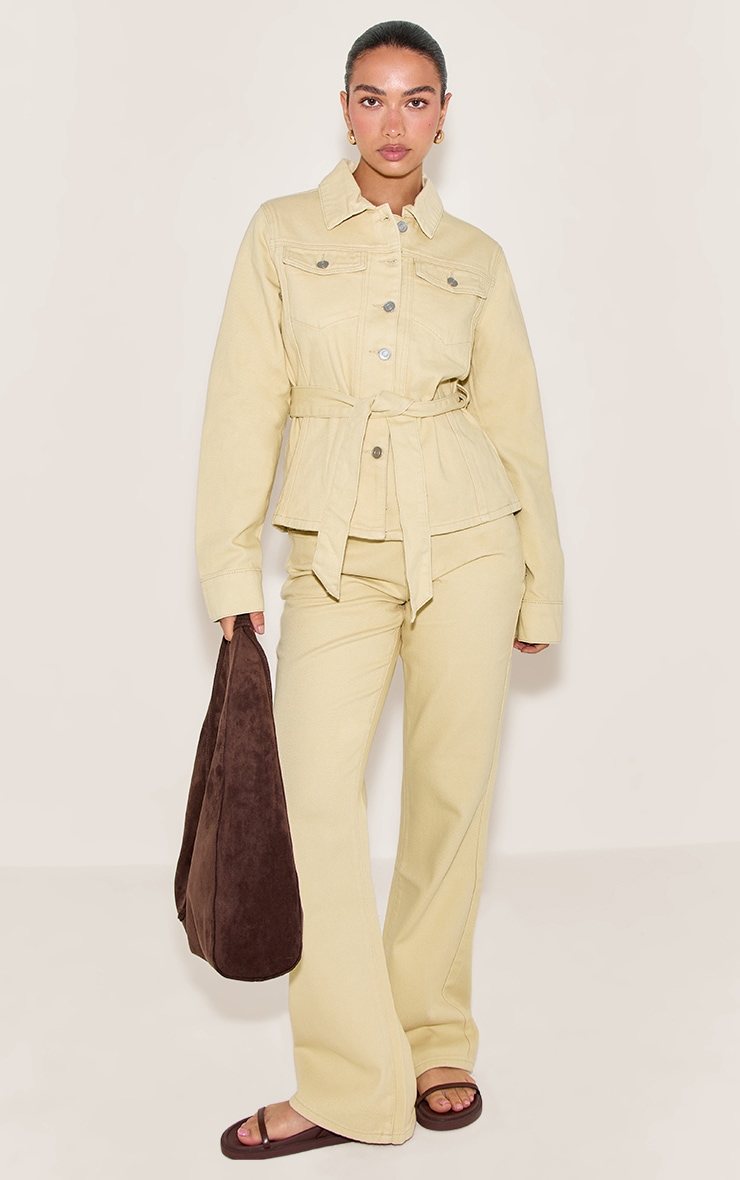 Butter Yellow Cinched Waist Belted Denim Jacket image 3