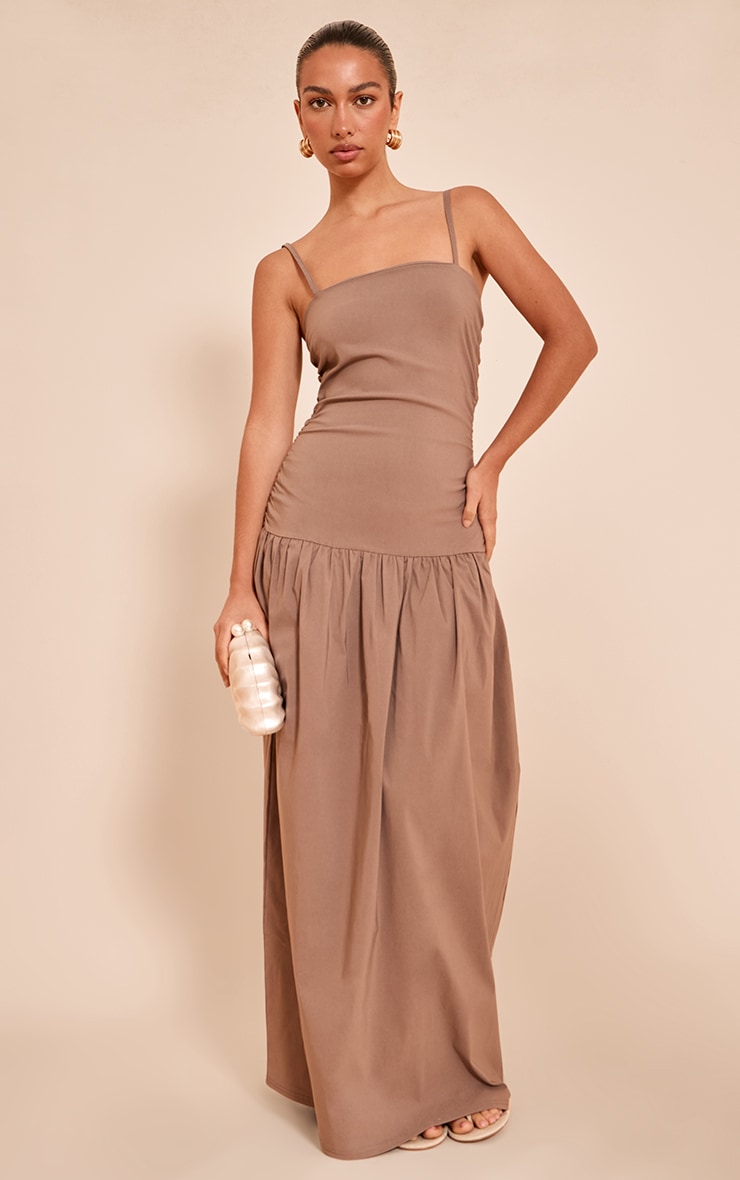 Taupe Stretch Woven Strappy Ruched Maxi Dress image 1