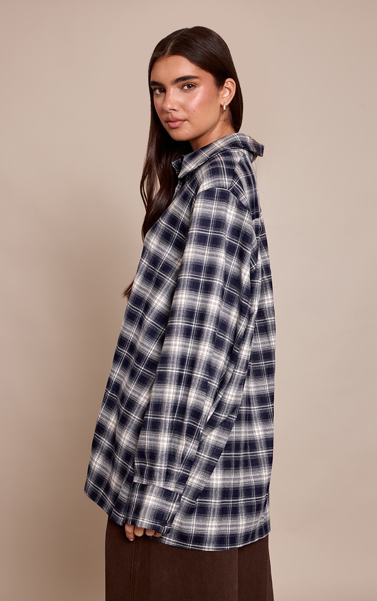 Navy Brushed Check Oversized Shirt  image 2