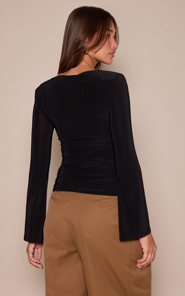 Black Double Layer Slinky Shoulder Detail Long Sleeve Top image 2