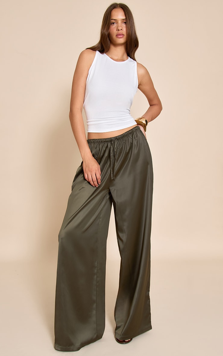 Olive Khaki Satin Wide Leg Drawstring Pants image 1