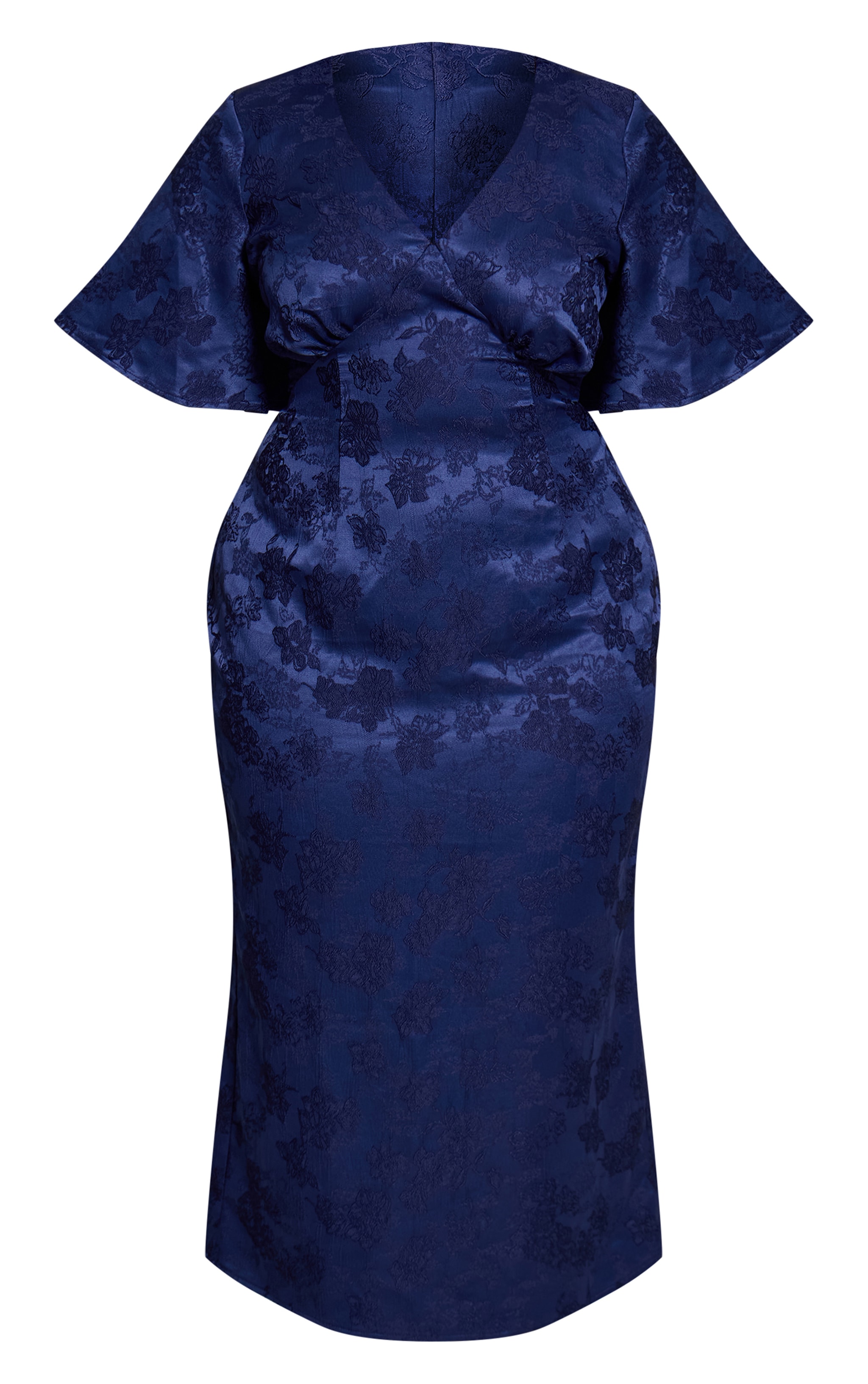 Plus Navy Floral Jacquard Puff Sleeve Plunge Neck Midaxi Dress image 5