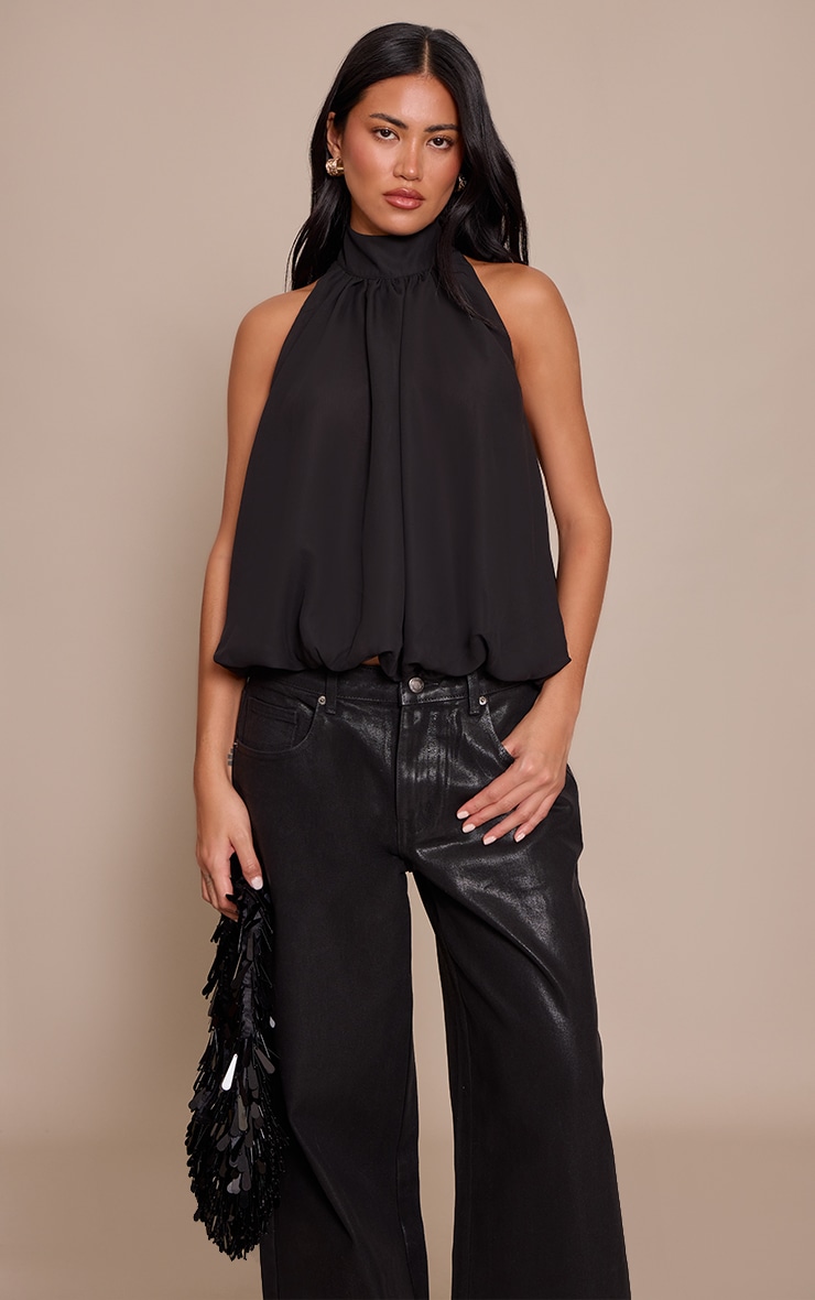 Black Chiffon Bubble Hem Top image 3