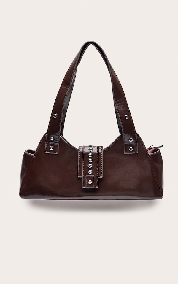 Chocolate Plum Crinkle Faux Leather Dome Stud Shoulder Bag