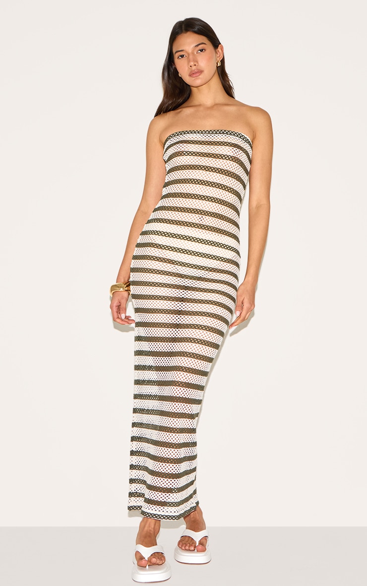 Robe bustier longue texturée kaki à rayures image 1