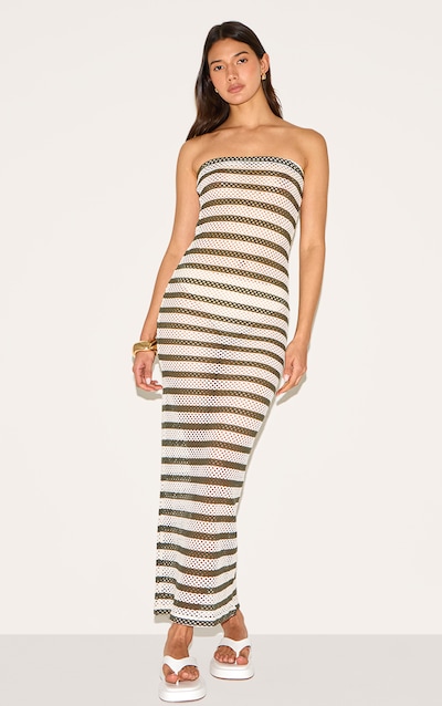 Robe bustier longue texturée kaki à rayures