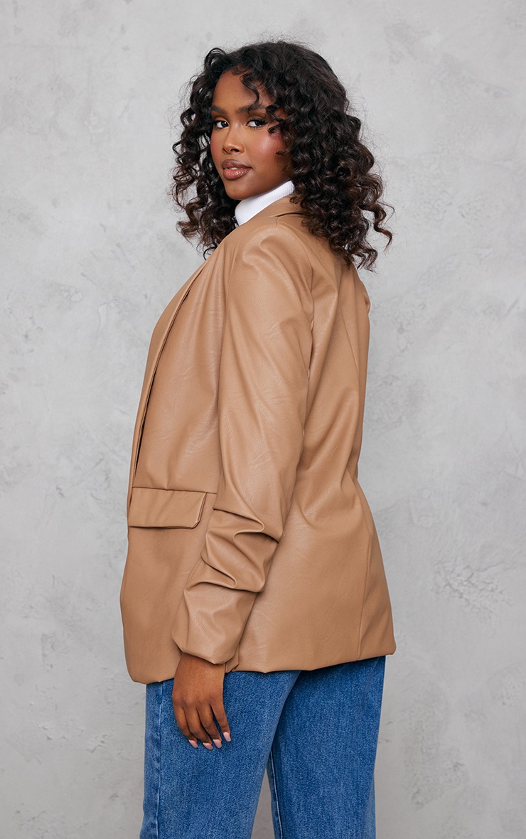 Camel Faux Leather Ruched Sleeve Single Breasted Blazer image 2