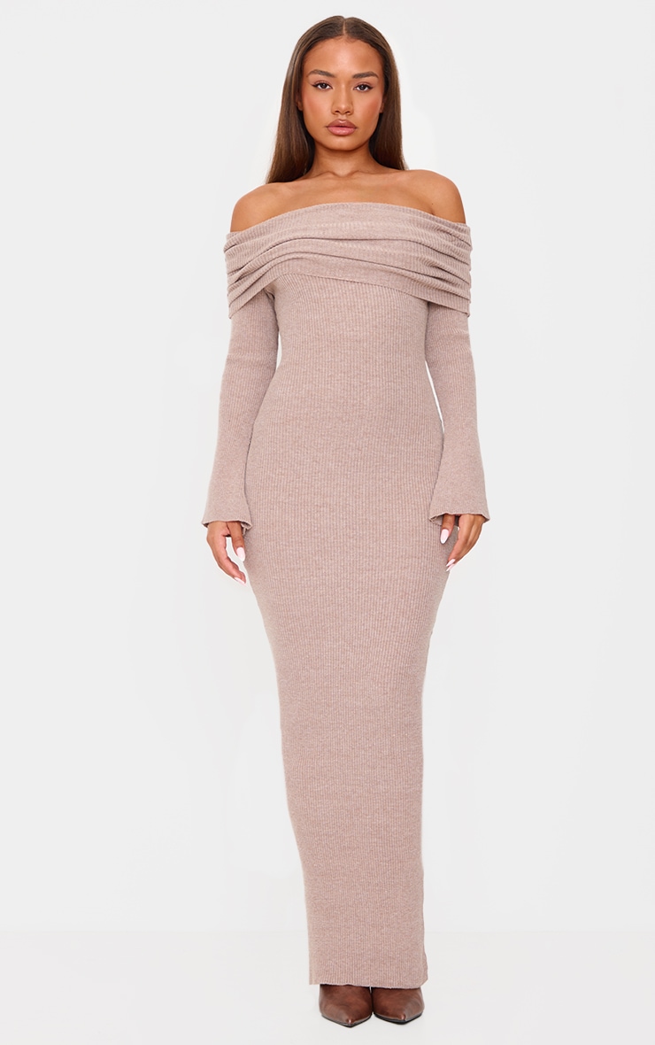 Petite Taupe Knit Bardot Long Sleeve Maxi Dress image 1