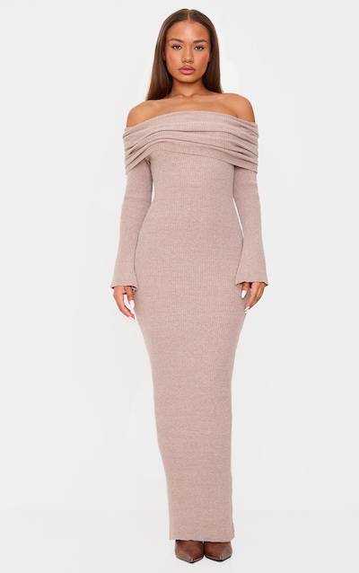 Petite Taupe Knit Bardot Long Sleeve Maxi Dress