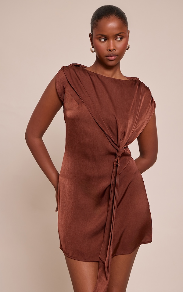Chocolate Satin Knot Detail Mini Shift