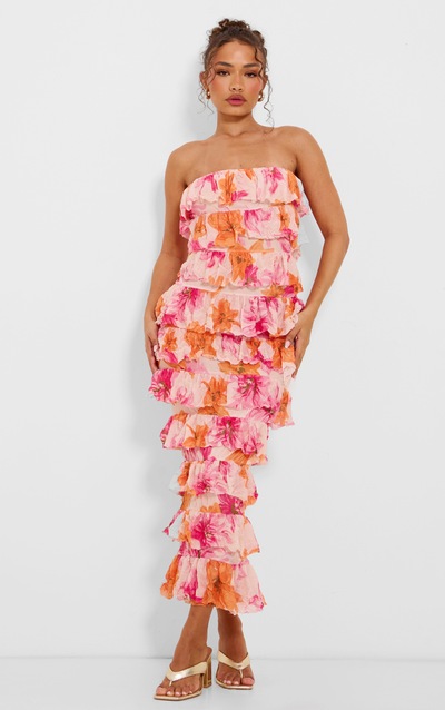 Petite Orange Crushed Mesh Bandeau Ruffle Maxi Dress