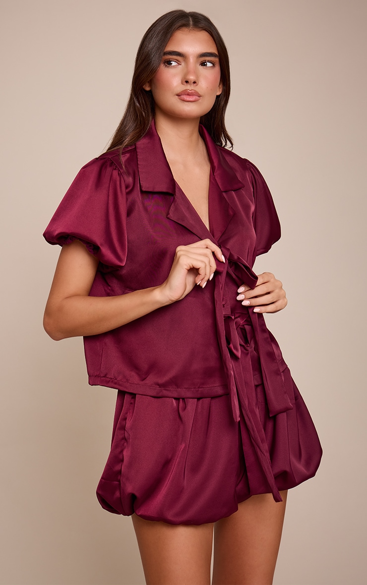 Burgundy Puffball Bow Tie Up Short Pyjamas