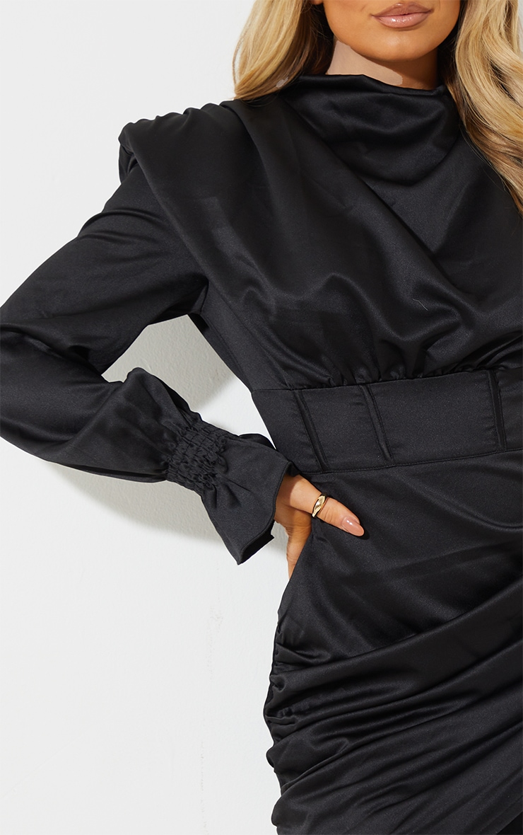 Black High Neck Shoulder Pad Ruched Bodycon Dress PrettyLittleThing KSA