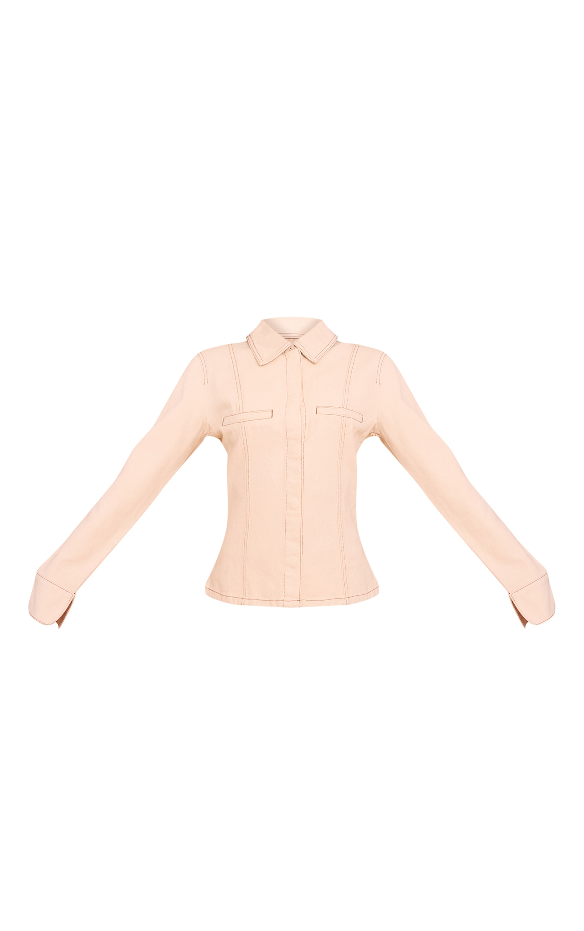 Ecru Linen Look Denim Cinched Waist Seam Detail Shirt image 5