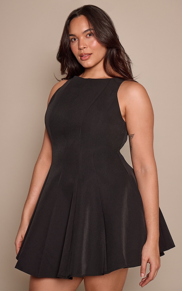 Plus Black Woven Pleated Slash Neck Shift Dress