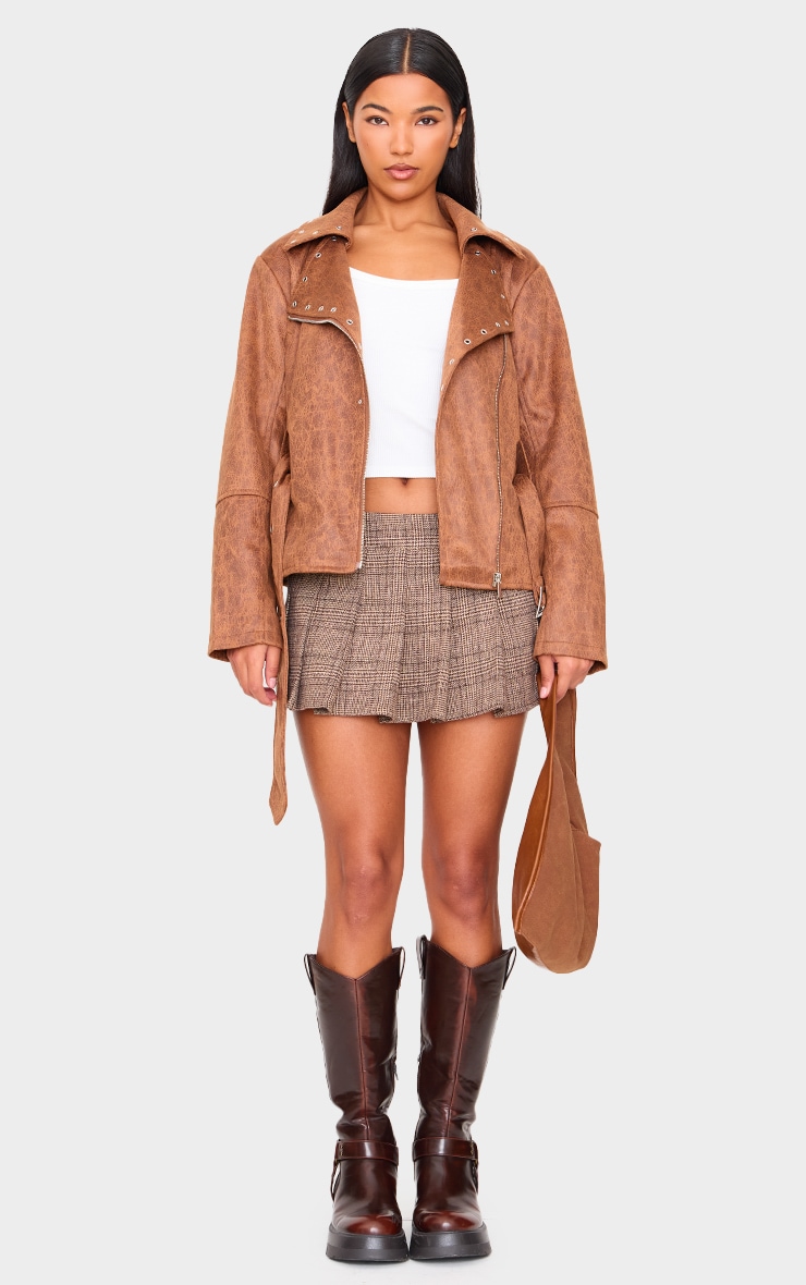  Brown Distressed Faux Leather Belted Biker Jacket image 1