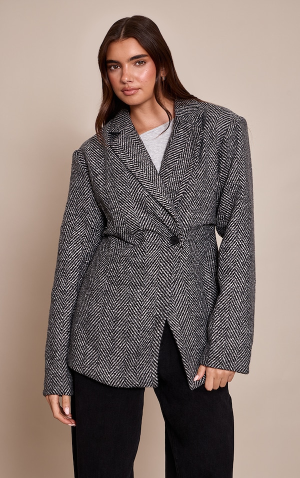 Blazer gris froncé à chevrons et taille cintrée