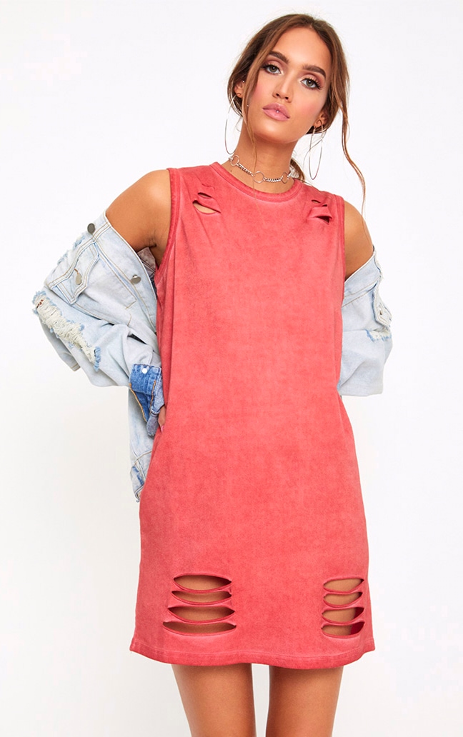Red Acid Wash Sleeveless T Shirt Dress. Dresses PrettyLittleThing