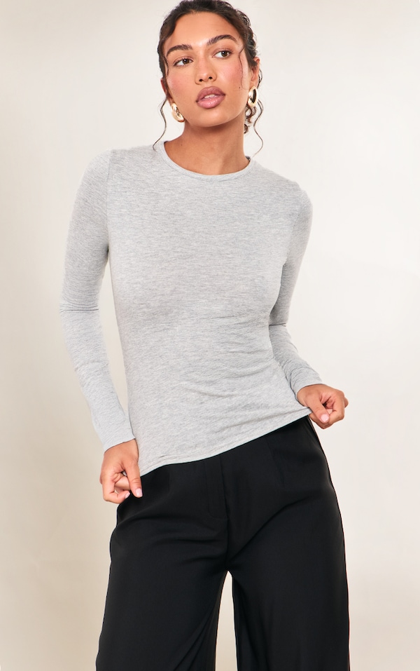 Grey Marl Cotton Crew Neck Long Sleeve Top