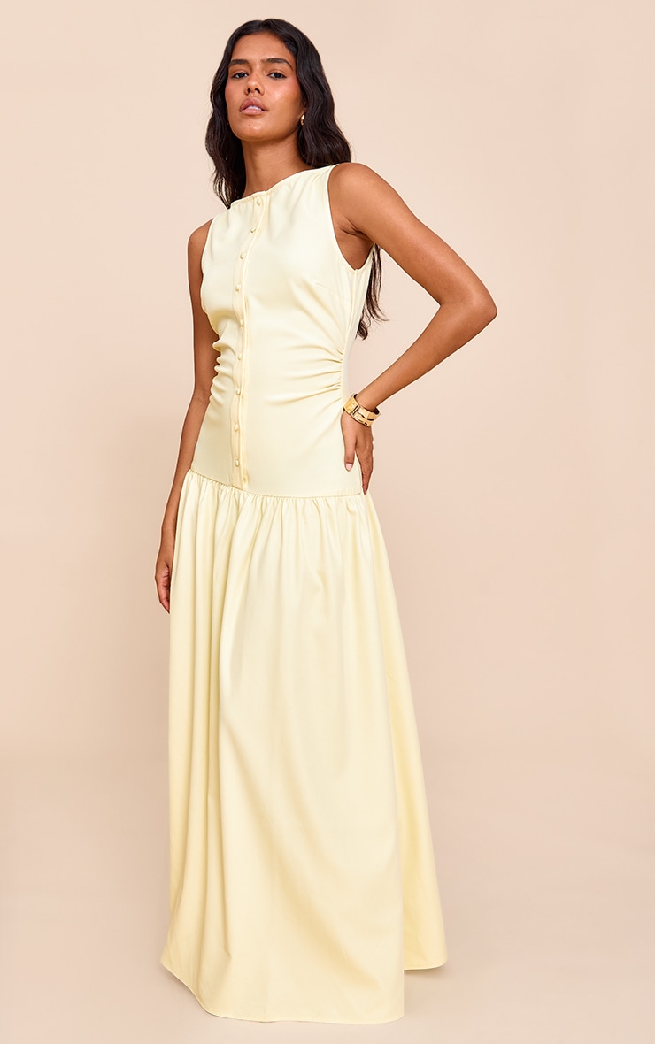 Robe longue tissée jaune citron à boutons et taille tombante image 3